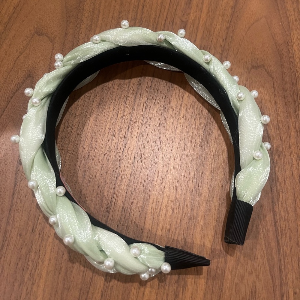 Mulberry and Grand Light Green Braided Satin & Pearl Embellished Headband